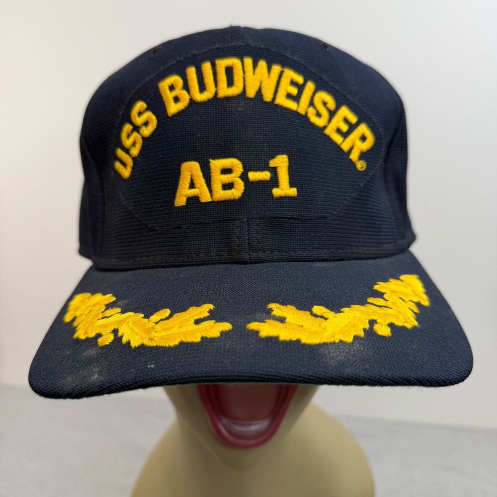 Vintage New Era USS Budweiser AB-1 Snapback Hat Navy Blue Scrambled Eggs USA
